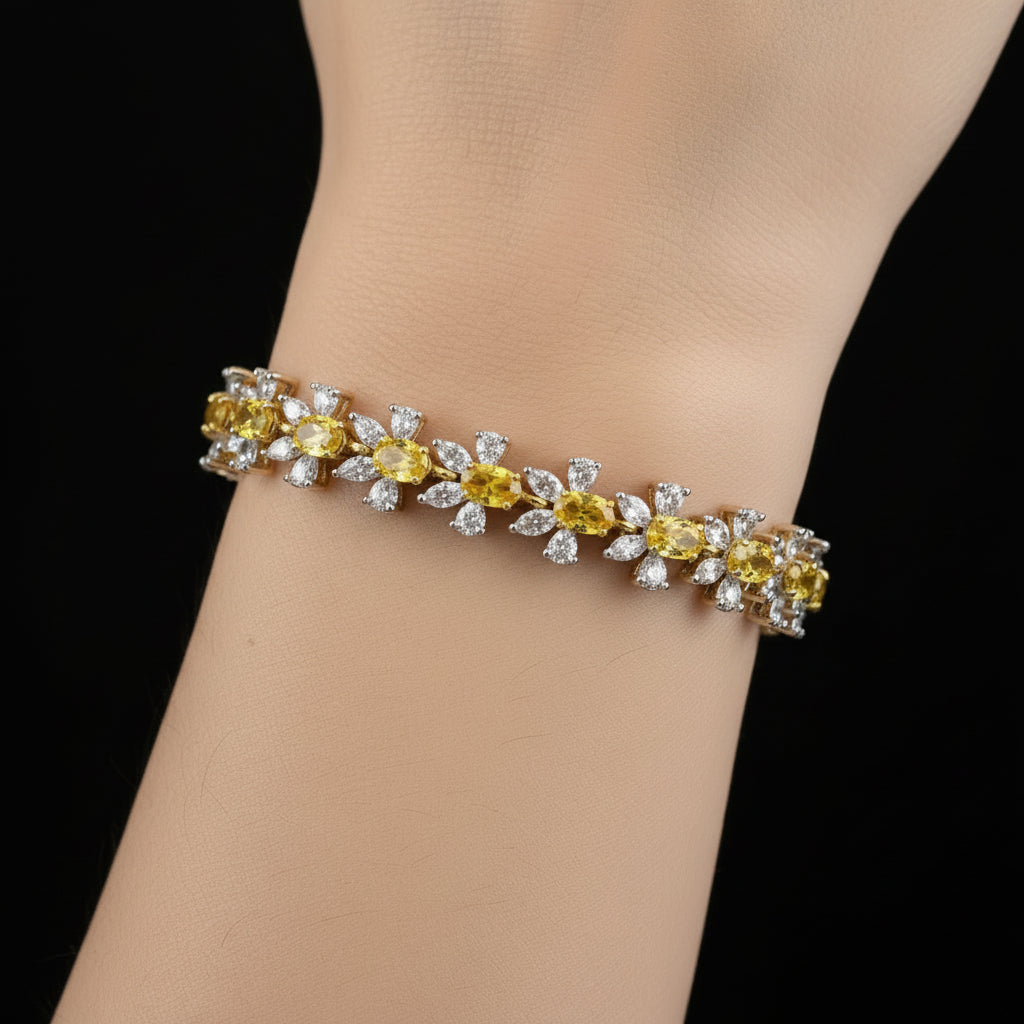 Necklace with yellow and white stones on a dark background, featuring the brand 'Saheli'.