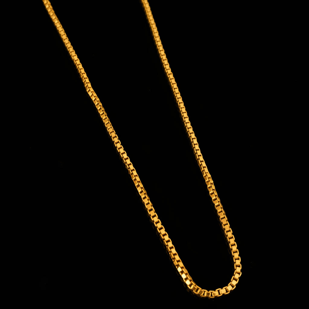 Gold chain necklace on a gray background with 'SAHELI' branding.