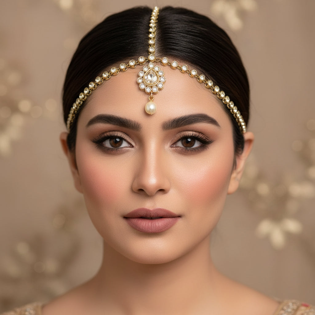 Gold necklace with a pendant on a gray background, featuring the brand 'Saheli'.
