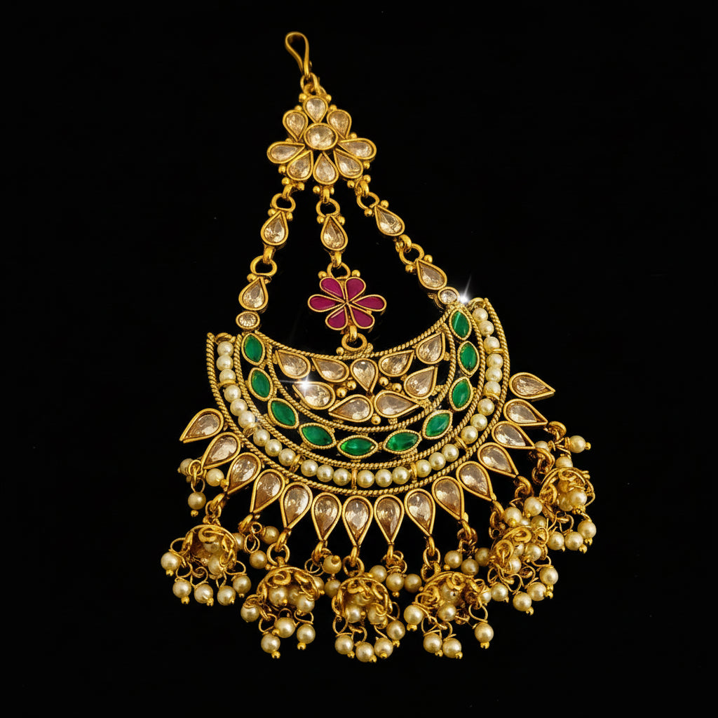 Ornate gold necklace with green and red stones on a dark background, featuring the brand 'Saheli'.