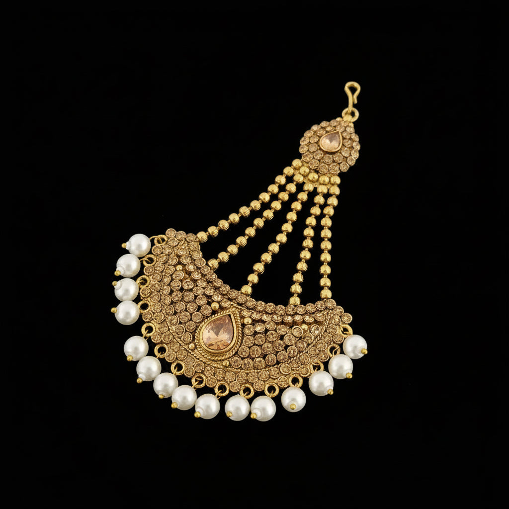 Gold and pearl necklace with 'SAHELI' branding on a dark background