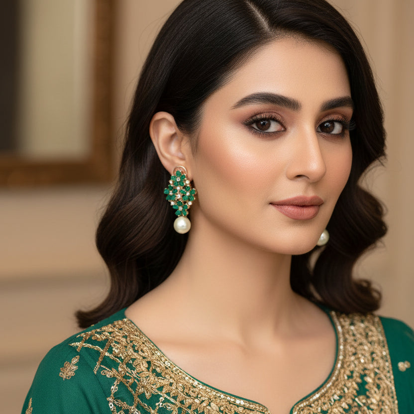 Pair of earrings with green gemstones and pearl on a dark background