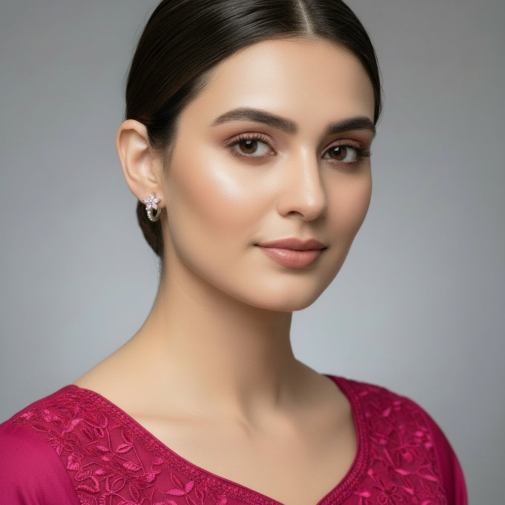 Silver and pink star-shaped earrings on a gray surface with 'Saheli' branding.