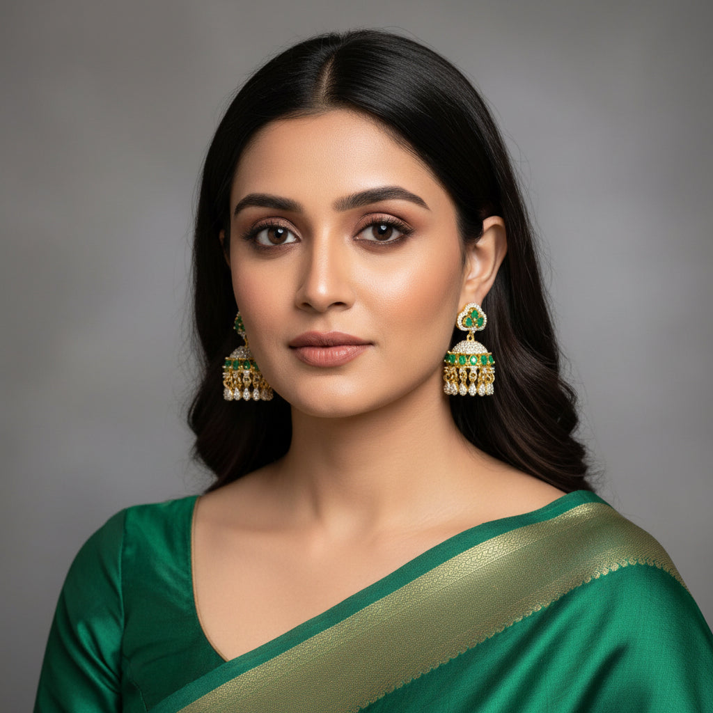 Gold and green gemstone earrings on a gray stand with 'Saheli' branding.