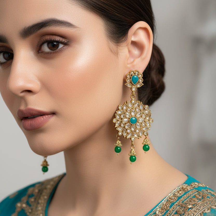 Gold and green earrings on a gray stand with 'SAHELI' branding.