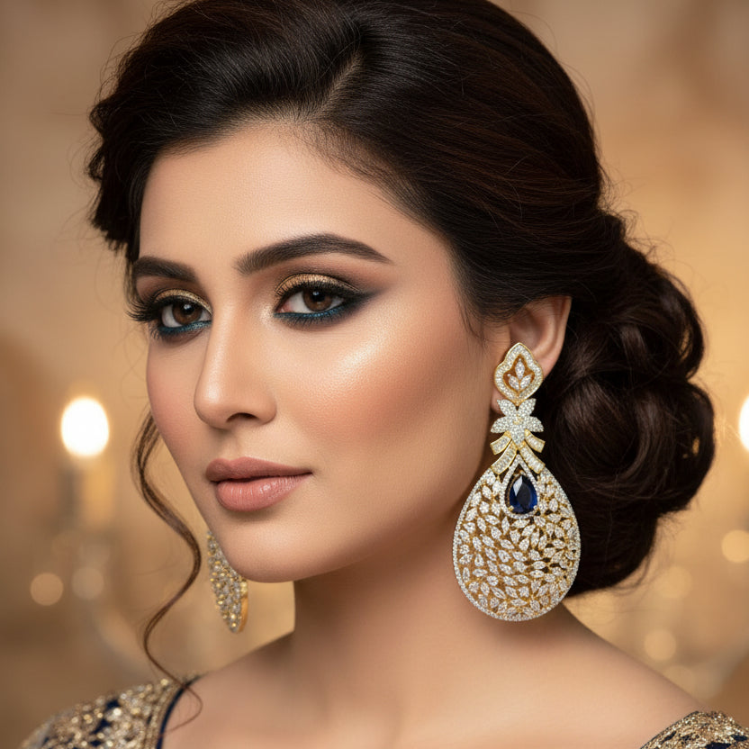 Pair of diamond earrings with gemstones on a dark background, featuring the brand 'Saheli'.