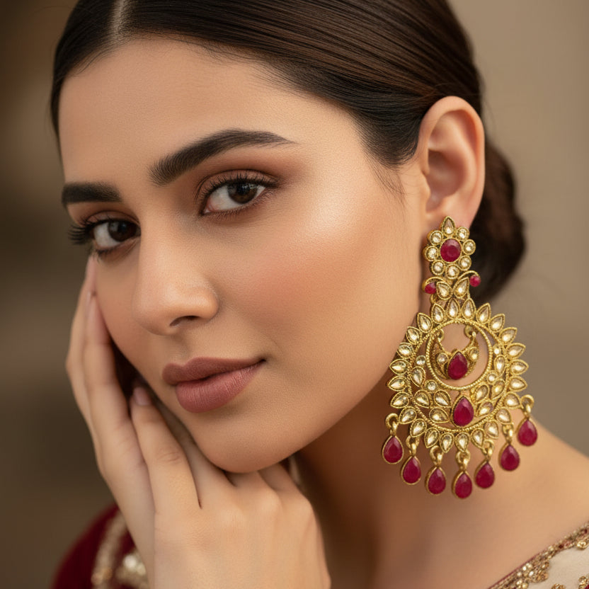 Gold and red earrings on a dark background with 'Saheli' branding.