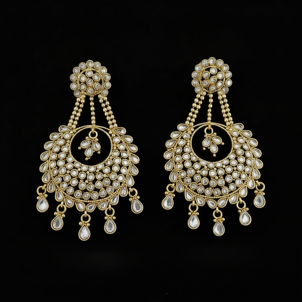 A pair of gold-toned traditional Indian chandelier earrings embellished with clear stones, displayed on a dark reflective surface with the brand name 'SAHELI MY BEST FRIEND' printed above.