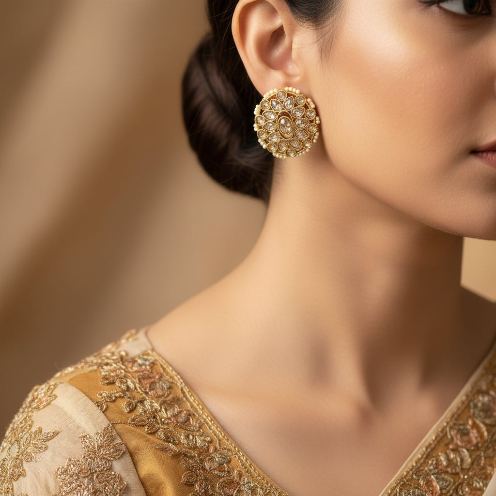 Gold earrings with intricate design on a dark background, featuring the brand 'Saheli'.