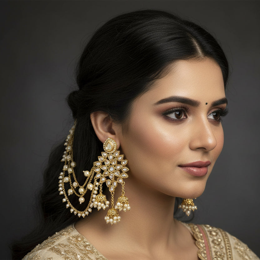 Gold jewelry set with necklace and earrings on a dark background, featuring the brand 'Saheli'.