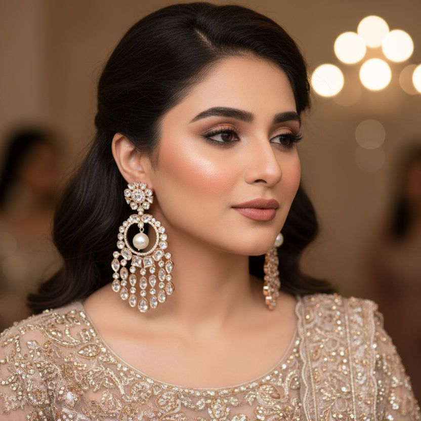 Pair of ornate earrings with pearls on a dark background