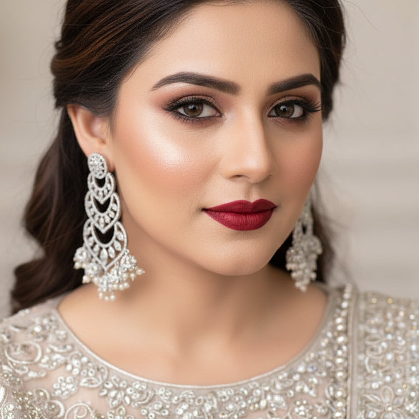 Pair of silver and pearl earrings on a dark background