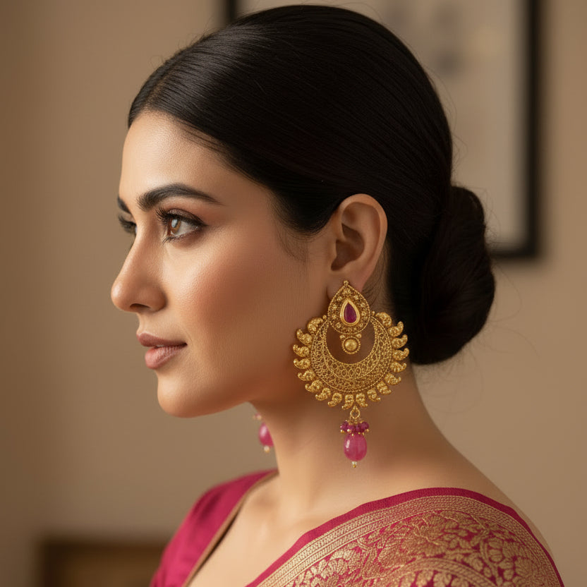 Gold earrings with pink gemstones on a dark gray background
