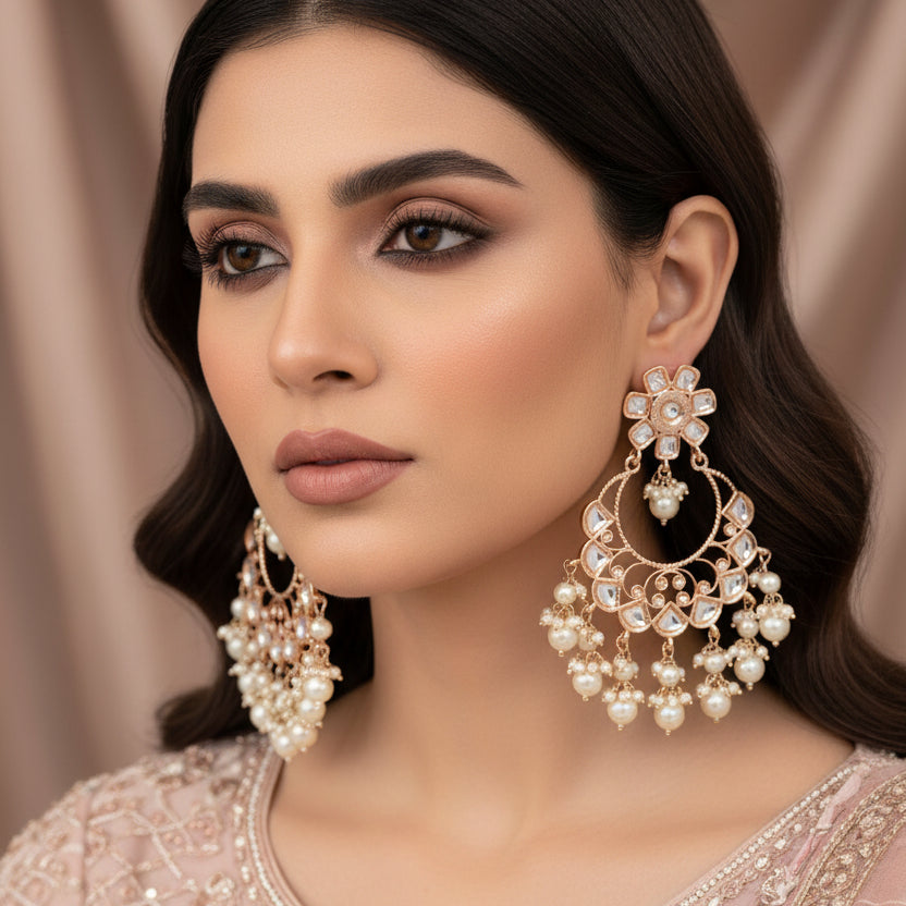Pair of ornate earrings with floral designs and pearl-like beads on a dark background