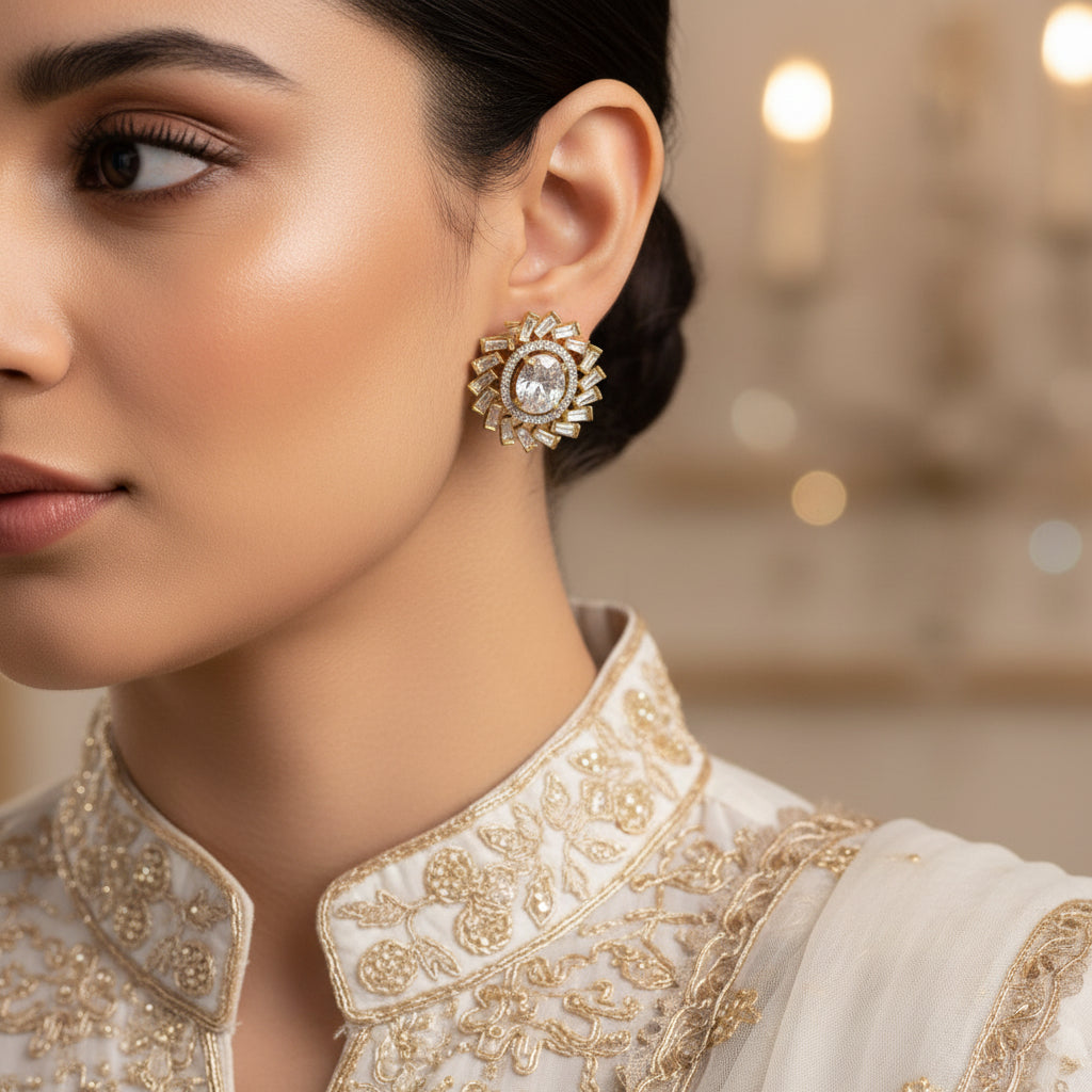 Gold and diamond earrings on a dark background with Saheli brand logo.