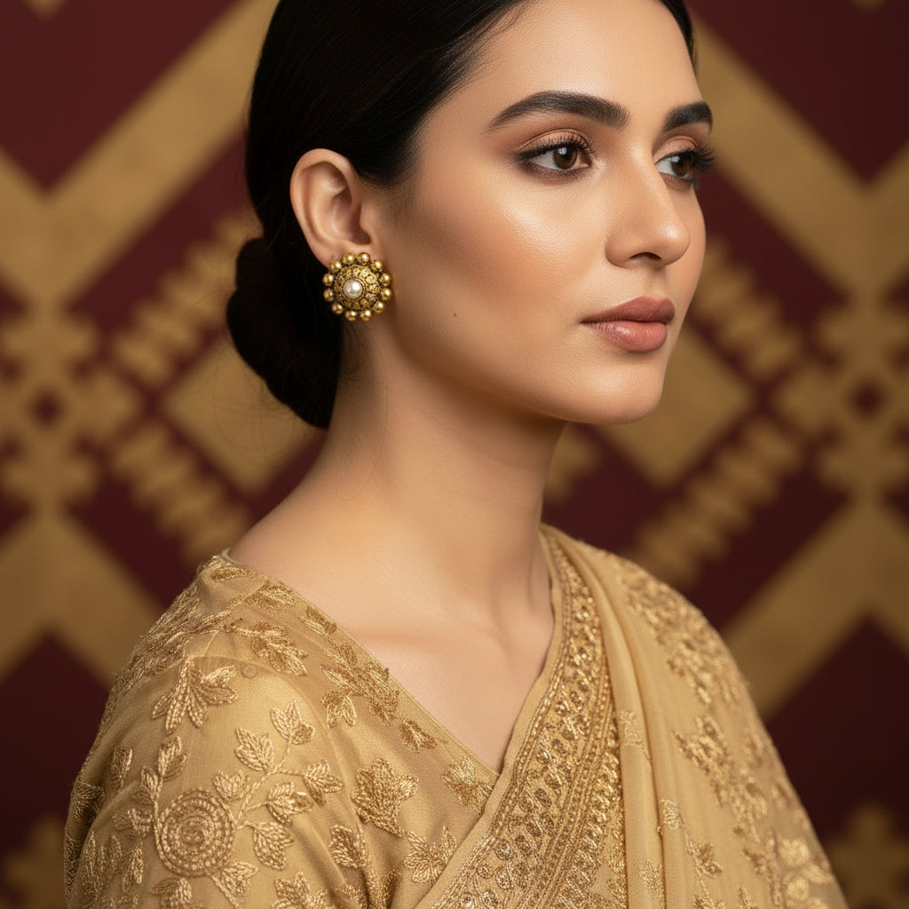 Gold earrings with pearl center on a gray background, featuring the Saheli brand.