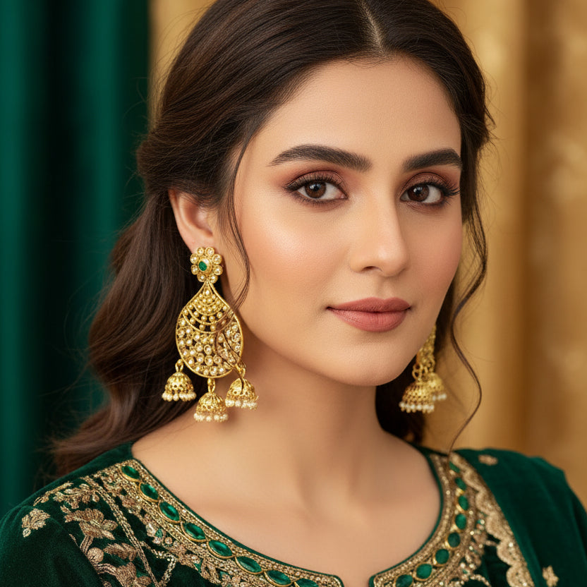 Gold earrings with intricate designs on a dark background, featuring the brand 'SAHELI'.