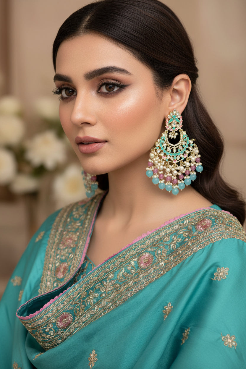 Pair of ornate earrings with turquoise and pink stones on a dark background