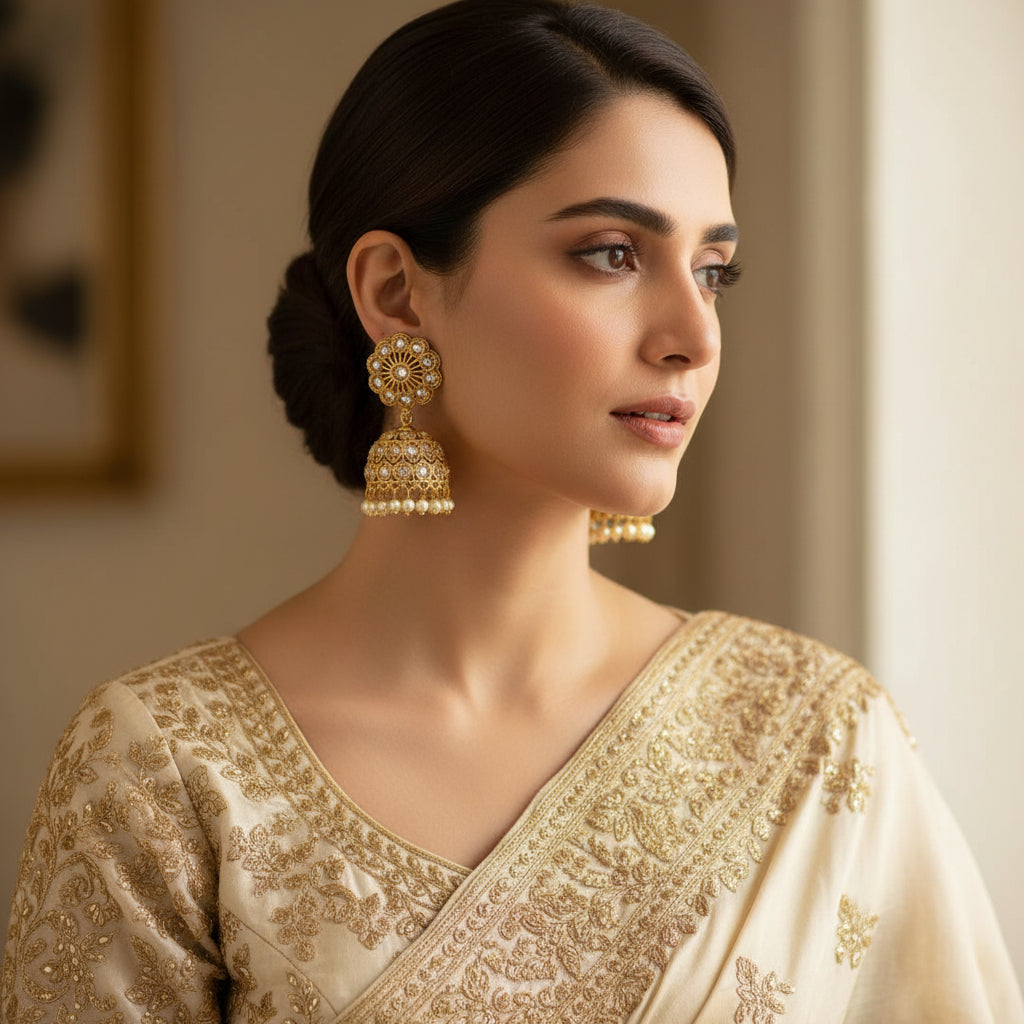 Gold and pearl earrings on a gray stand with a blurred background