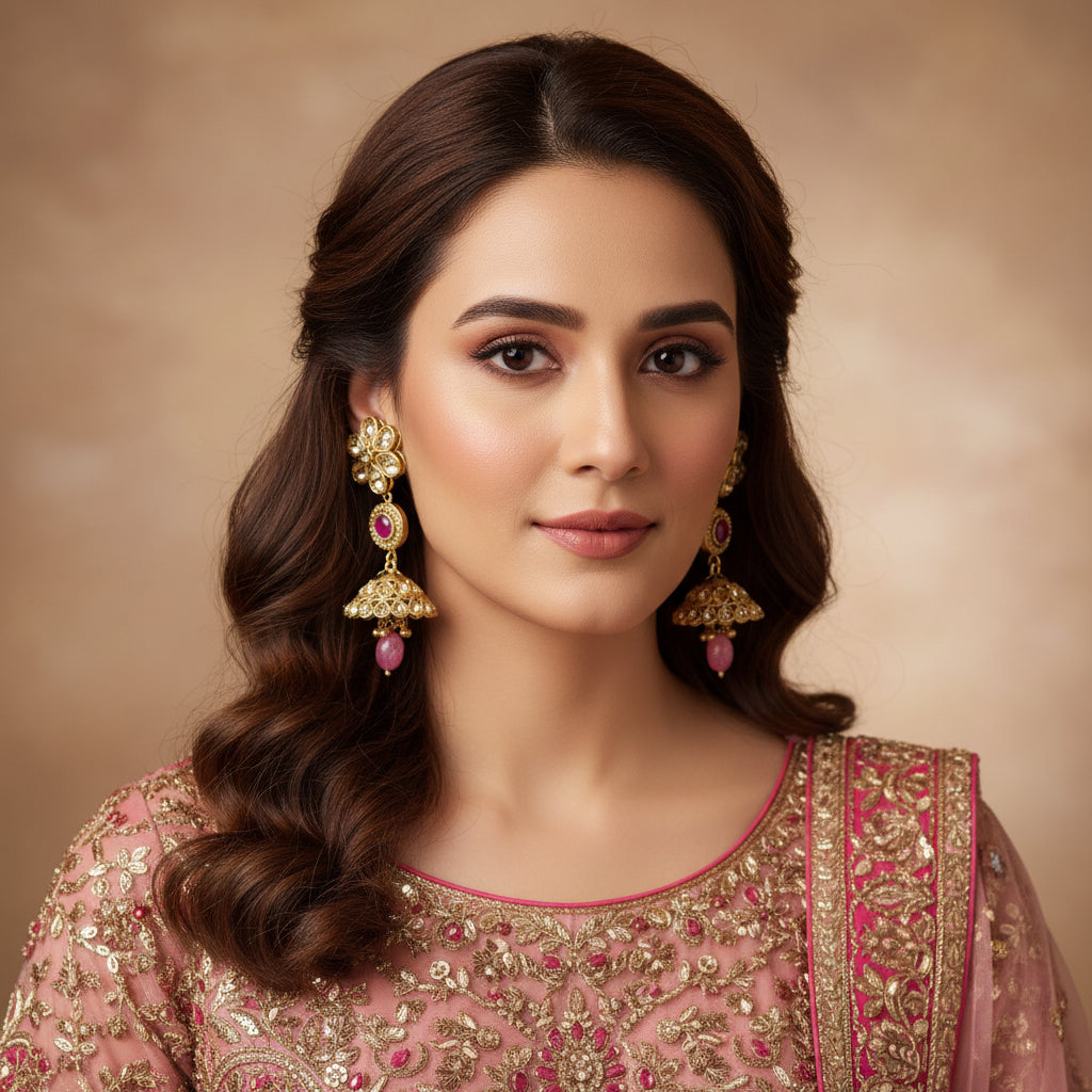 Gold earrings with pink gemstones on a gray stand, featuring the brand 'Saheli'.