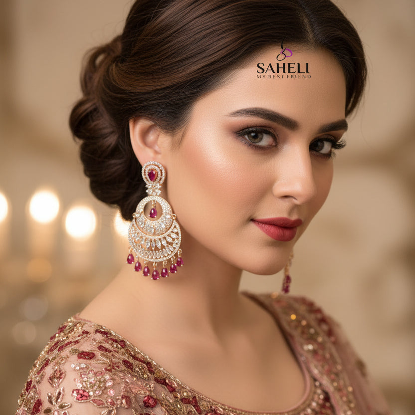 Ornate earrings with red gemstones on a dark background, featuring the brand 'Saheli'.