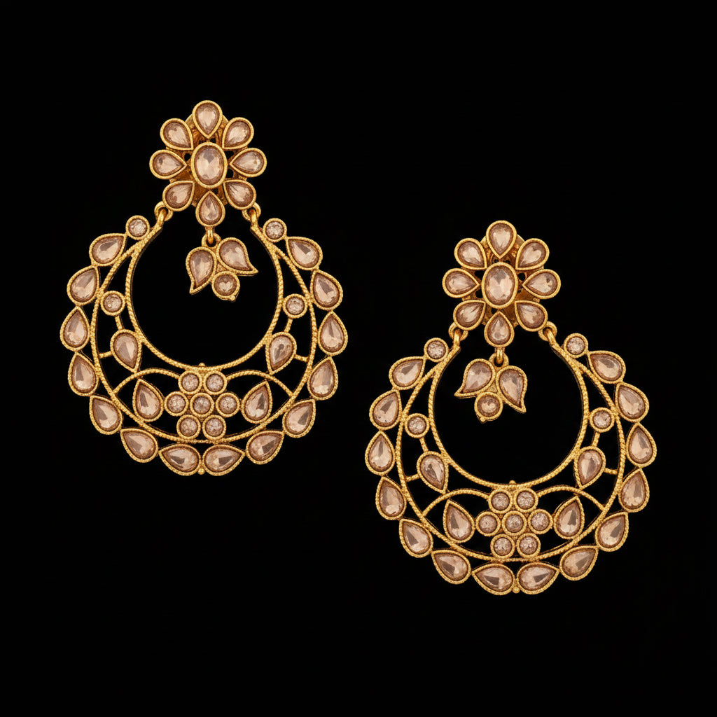 A pair of gold-toned filigree dangle earrings with clear rhinestones, displayed on a light gray surface with a small white price tag attached.