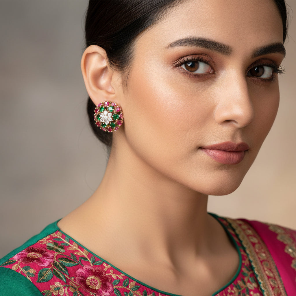 Pair of gemstone earrings with 'SAHELI' branding on a dark background