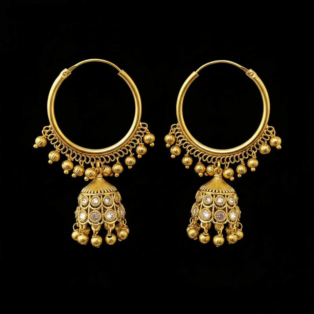 Gold hoop earrings with dangling designs on a gray stand, branded 'Saheli'.