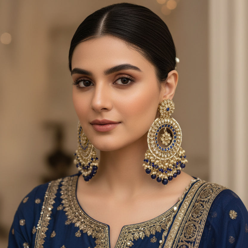 Pair of ornate earrings with blue and gold details on a gray background