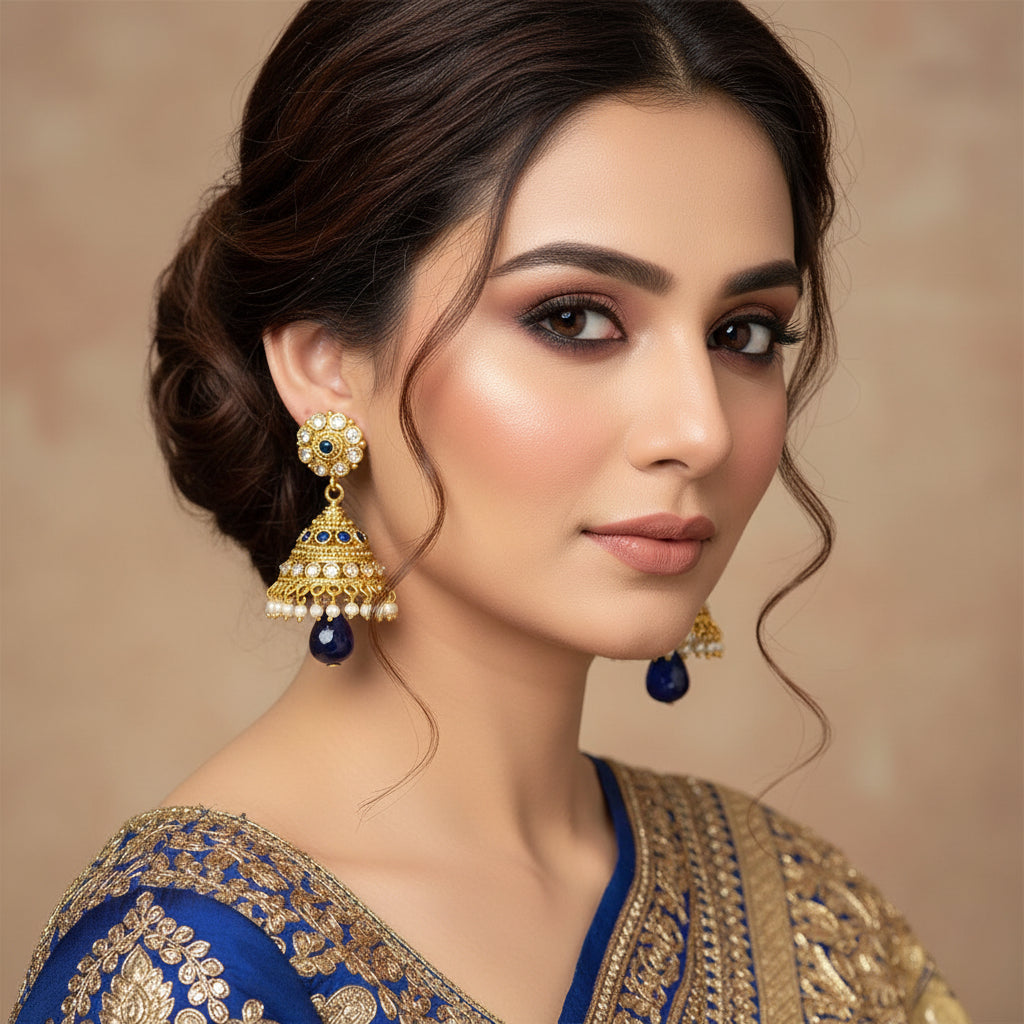 Gold and blue earrings on a gray stand with 'Saheli' branding.