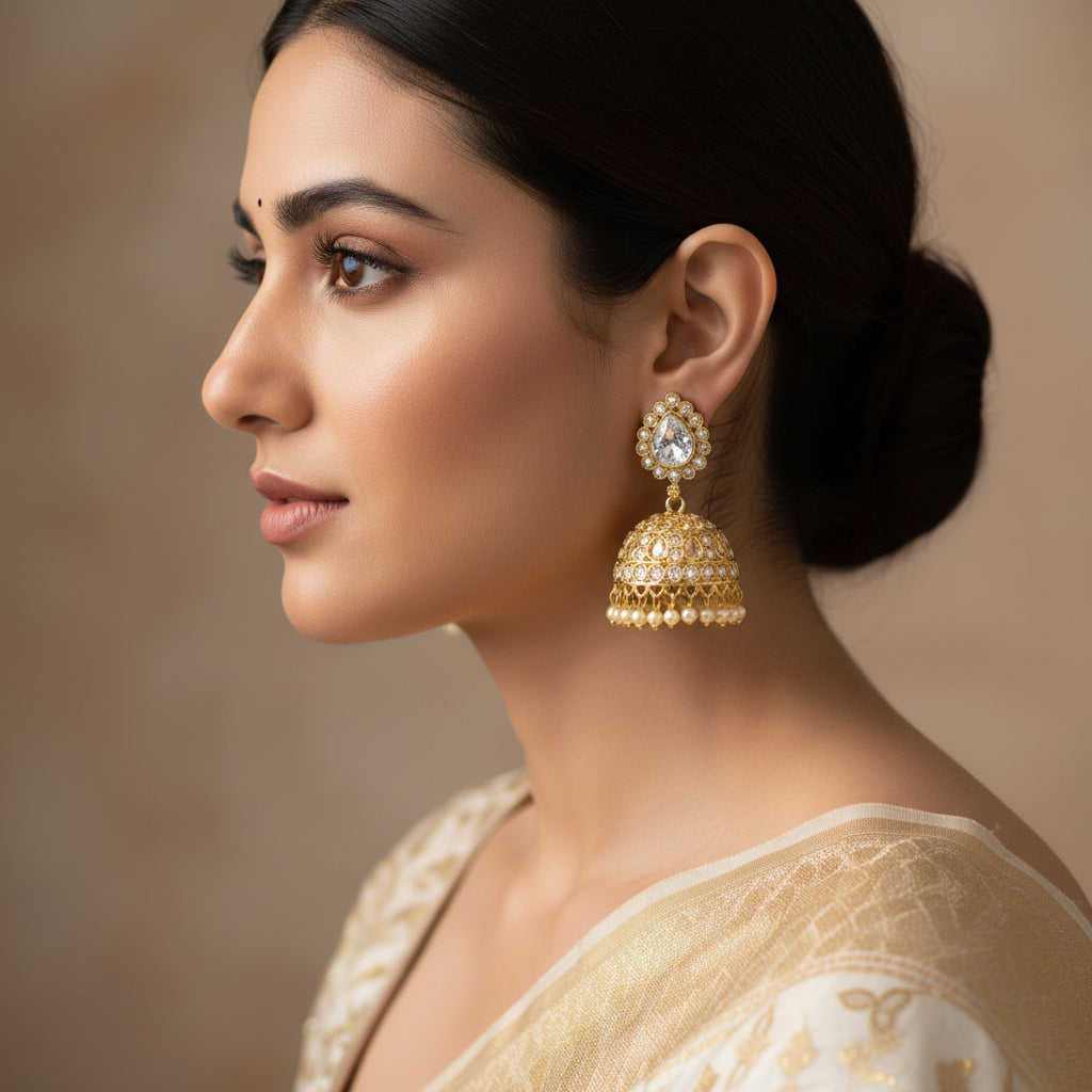 Gold earrings with a central gemstone on a black background, featuring the brand 'SAHELI'.