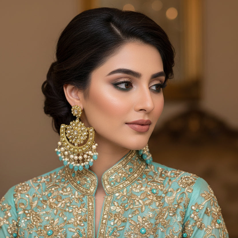 Ornate gold and pearl earrings with turquoise stones on a dark background
