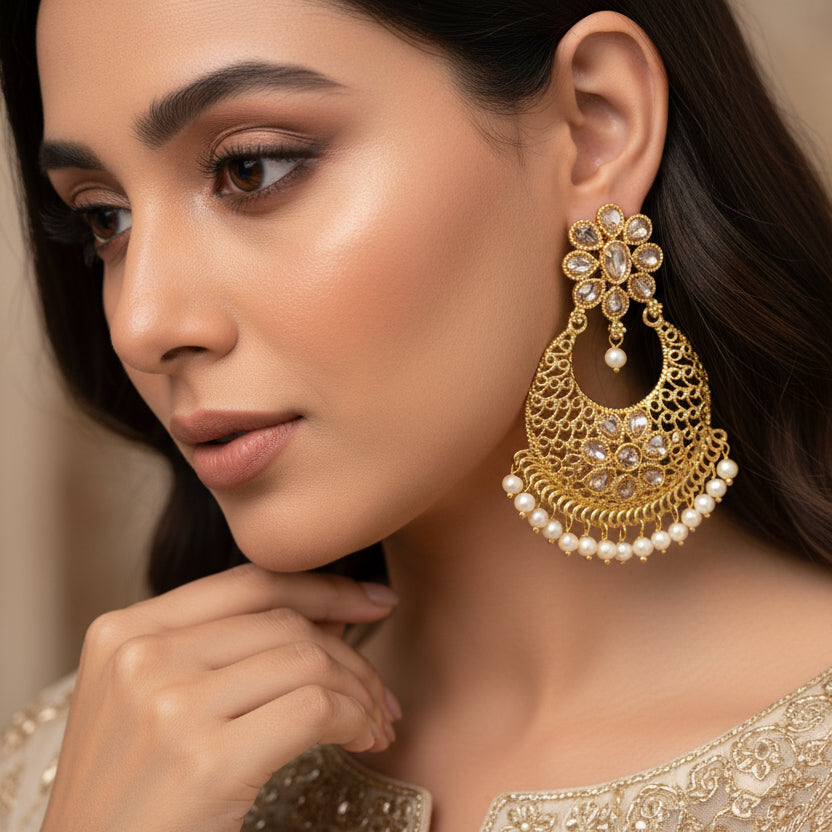 Gold earrings with pearl accents on a black background, featuring the brand 'Saheili'.