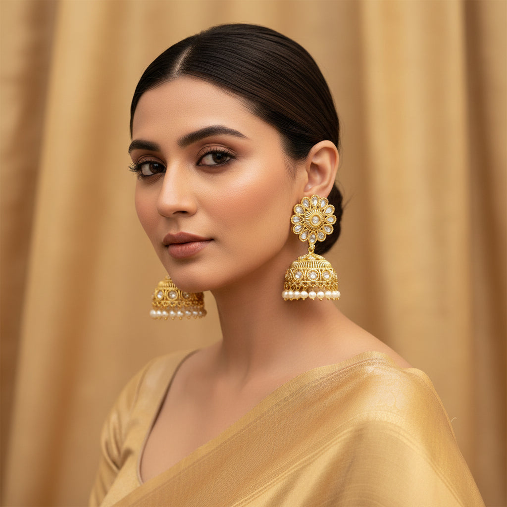 Gold and pearl earrings with 'Saheli' branding on a dark background