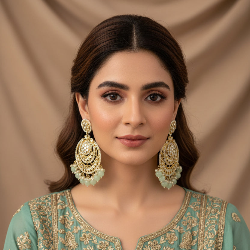 Pair of gold and green earrings on a black background