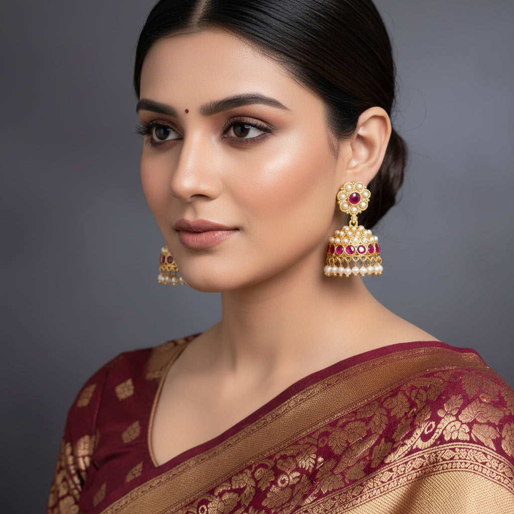 Gold earrings with red stones and pearl-like beads on a dark background, featuring the 'Saheli' brand.