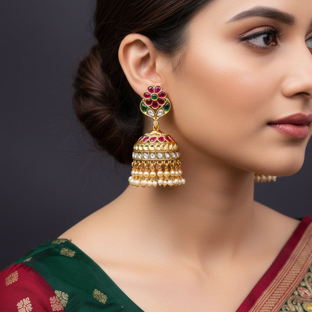 Gold jhumka earrings with floral design and pearls on a dark background, featuring the brand 'Saheli'.