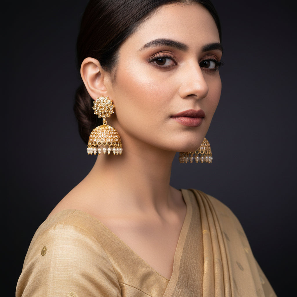 Gold and pearl earrings on a dark background with 'Saheli' branding.