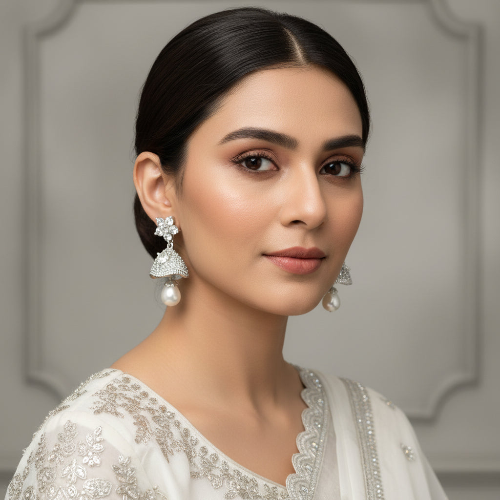 Pair of silver earrings with pearl drops on a black stand against a dark background