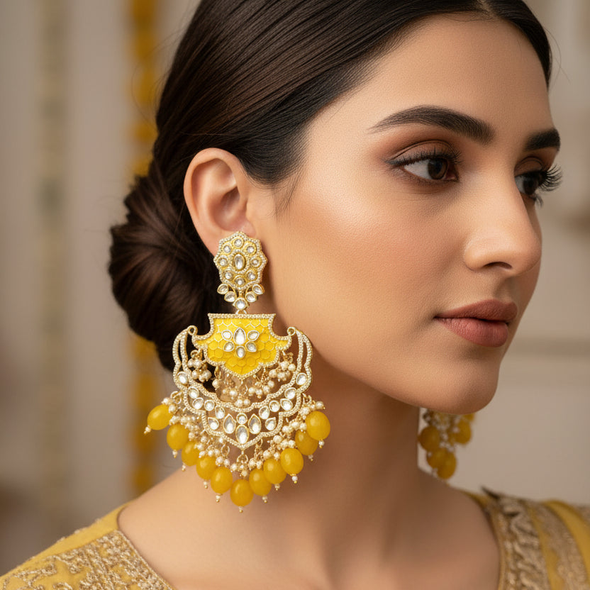 Pair of gold and yellow earrings on a dark background