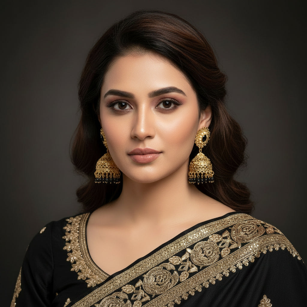 Woman wearing a pink saree with gold embroidery and jhumka earrings against a dark background