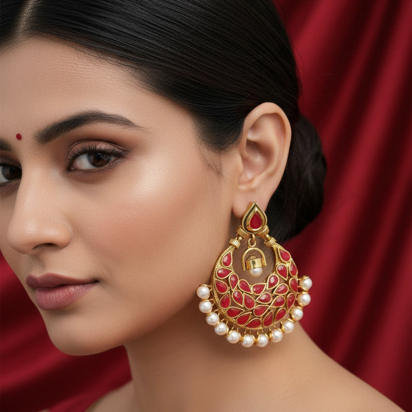 Ornate earrings with red and gold design on a gray background, featuring the brand 'SAHELI'.