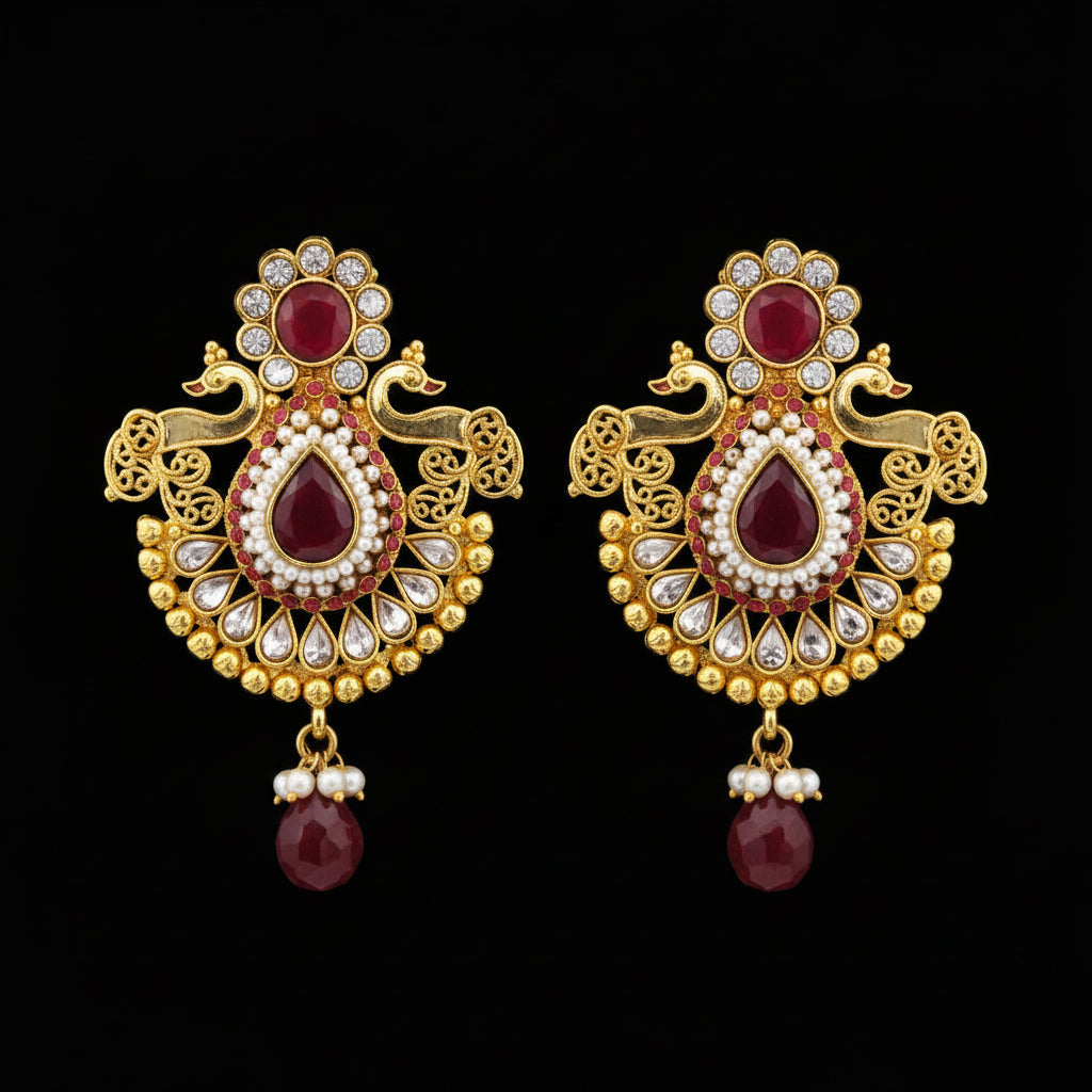 A pair of traditional Indian gold-plated earrings with red stones, white faux pearls, and black enamel details, displayed on a gray background with a 'SAHELL MY BEST FRIEND' watermark.