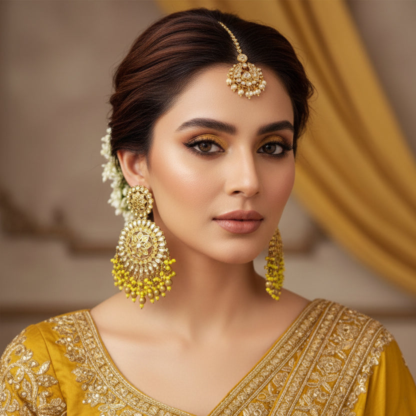 Gold and green earrings on a black background