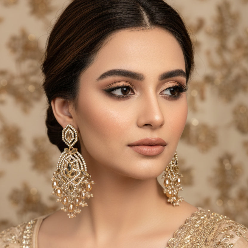 Ornate earrings on a stand with 'Saheli' branding against a dark background