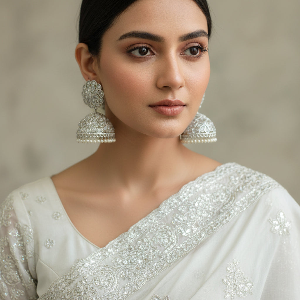Pair of silver and crystal earrings on a dark background