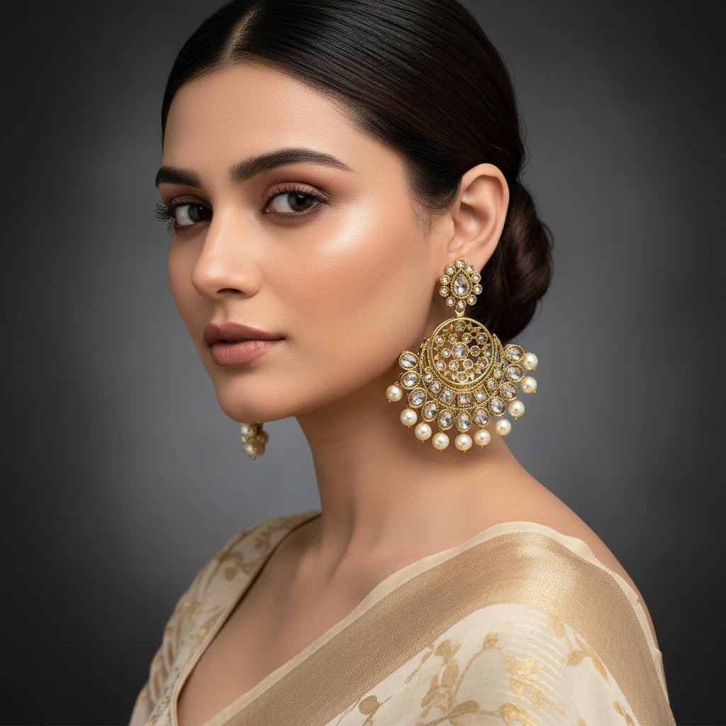 Pair of gold earrings with gemstones on a black background