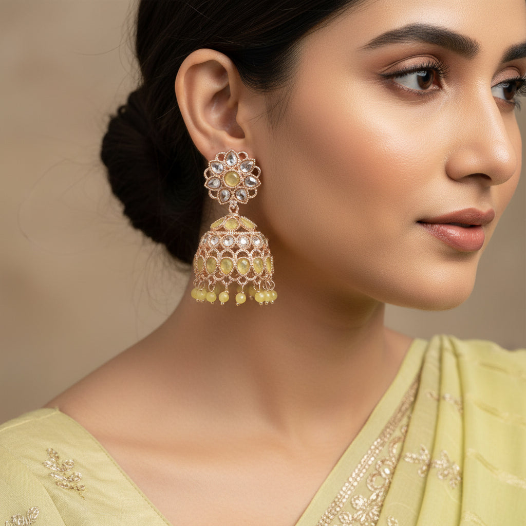 Pair of gold and green earrings on a dark background