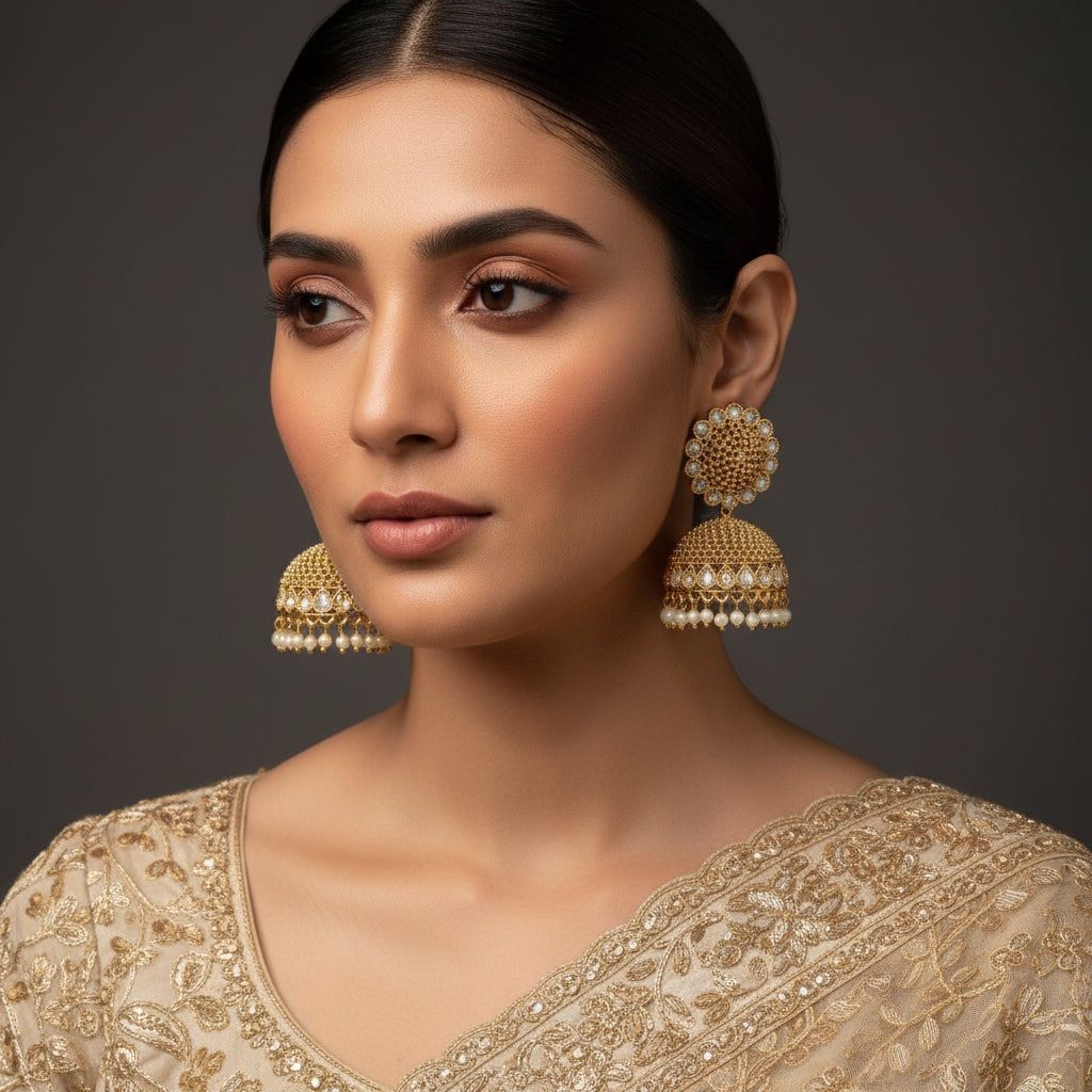 Gold and pearl earrings on a gray stand with a dark background