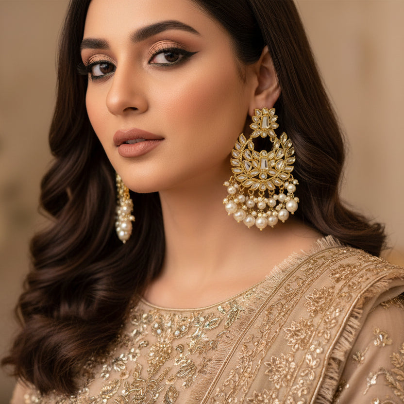 Pair of gold and pearl earrings on a black background